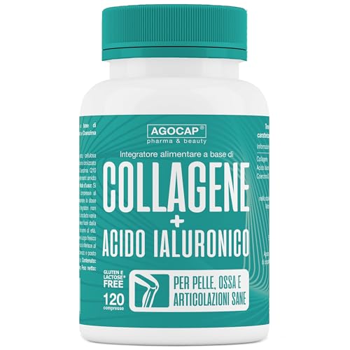 Collagene e Acido Ialuronico. Collagene idrolizzato, 120 compresse arricchite con Coenzima Q10. integratorem1000mg con Acido ialuronico compresse per pelle, ossa e Articolazioni, Agocap