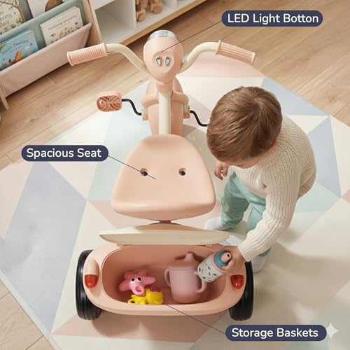 Image of Flyer Foldable Baby Tricycle for Kids | Kid Cycle with LED Light, Music & Storage Baskets | Baby Tricycle with Adjustable Seat & Handle | Cycle for Kids 2 to 5 Years (Lite Pink)