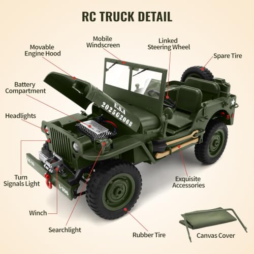 Image of BEAURE RC Jeep Car, 4WD 1 /10 Scale Remote Control Off-Road Crawler with Carport Cover, All Terrain 2.4Ghz RC Army Trucks, Military Vehicle Hobby RC Cars Toy for Kids