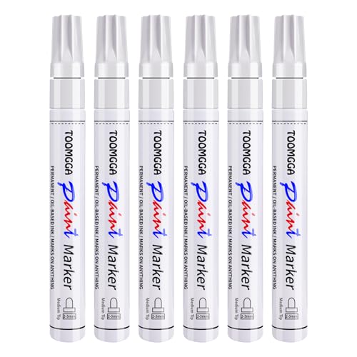 TOOMGGA White Paint Pens Permanent Paint Markers - 6 Pack Oil Based Marking Pens Medium Point Quick Drying and Waterproof Pens for Rock Painting Car Tyre Metal Plastic Canvas Wood