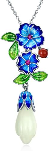 JKR Jade Pendant Necklace Sterling Silver Enamel Flower Floral Necklace Mother’s Day Gifts for Women Mom Girls Her Lover Wife Girlfriend (Long Jade)