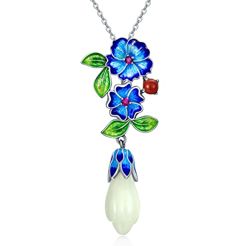 Jkr Jade Pendant Necklace Sterling Silver Enamel Flower Floral Necklace Mother’s Day Gifts For Women Mom Girls Her Lover Wife Girlfriend (Long Jade) #TOP10