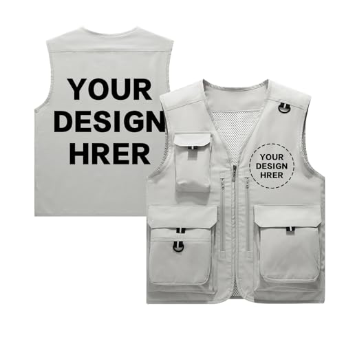 Generic Custom Your Logo Mens Outdoor Work Vest for Fishing Lightweight Sleeveless with Multi Pocket Photography Teamwork, X-Large, Grey