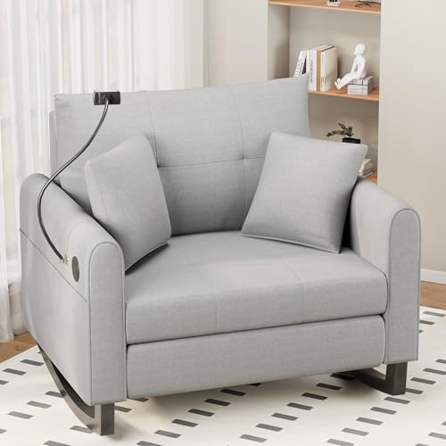 Image of HOMREST Upholstered Oversize Rocking Chair with Adjustable Phone Handle, Nursery Rocking Chair with High Back and Side Pocket USB Port, Double Wide Rocker for Living Room, Bedroom, Nursery, Grey