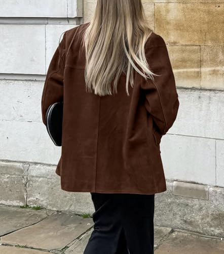 chouyatou Women's Faux Suede Blazer Jacket Notched Lapel Single Breasted Faux Suede Leather Suit Jacket3