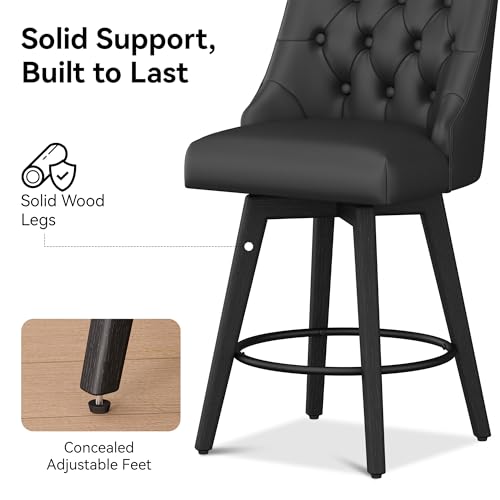 Image of Counter Height Bar Stool, 26.8 inchH Swivel Leather Barstool with Back and Solid Wood Legs, Counter Height Stool for Kitchen Island, Home Bar Pub, Black Grey