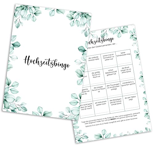 MAVANTO Hochzeitsbingo Karten mit je 16 Aufgaben - Lustiges Hochzeitsspiel für Gäste zum Kennenlernen (Eukalyptus, 50x Stück)