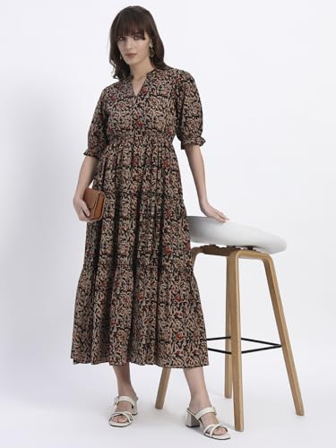 Image of Women's Fit and Flare Dress I Pure Cotton Long Summer Maxi Dress I V-Neck I Casual Wear I Printed Kalamkari Floral Middi