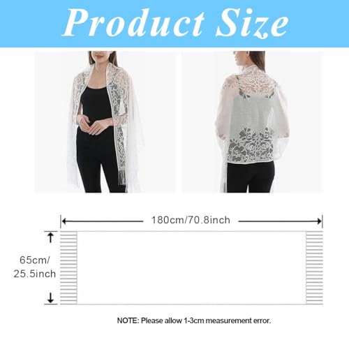 Image of SANNIDHI Lace Scarf Shawl with Tassel, Sheer Soft Mesh Fringe Wraps White Floral Long Shawl for Female Evening Party Dresses (180x65cm)