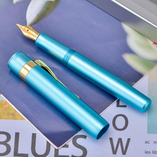 Image of HONG DIAN M2 Black Forest Mini Fountain Pen with Long Blade Tip and Slim Shape Aluminium Short Pocket Travel Pen (Lake Blue)