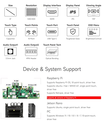 Image of Waveshare 8inch Capacitive Touch LCD IPS Display, Without Back Case, 1280x800 Resolution, HDMI Interface, Compatible with Raspberry Pi 4B /3B+ etc. Support Jetson Nano /PC