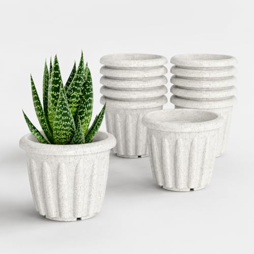 Image of YUCCABE ITALIA SHERA Floot Round Plastic Flower Pot Planter Suitable for Indoor Outdoor Kitchen Garden (Marble White, 12 Inch - 12 Pcs)