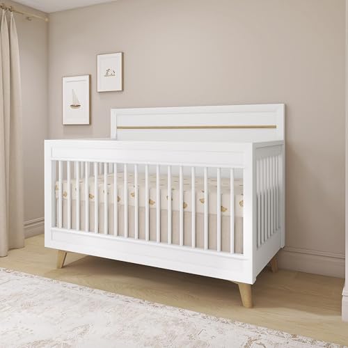 Image of Evolur Loft Antilia Mid-Century 4-in-1 Convertible Crib in White & Natural, GREENGUARD Gold Certified, Converts to Toddler Bed, Daybed & Full Bed, Fits Standard Crib Mattress, Adjustable Mattress Base