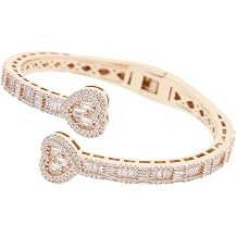 2023 New Full Paved 5A Cubic Zirconia Iced Out Bling CZ Double Heart Shaped Open Bangle For Women rose gold, 8 inches