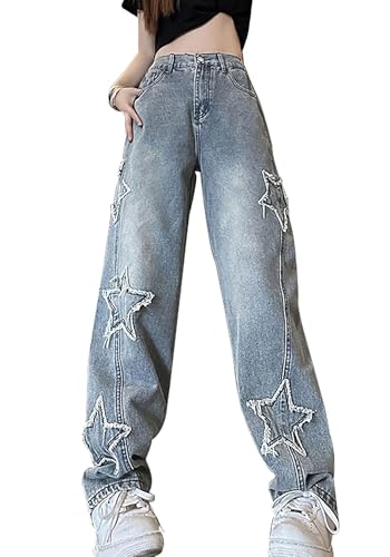 Sunidol Womens Star Patchwork High Rise Baggy Cargo Jeans