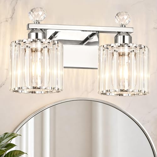 Image of Lxybcce Modern Crystal Bathroom Vanity Light, 14In 2-Lights Bathroom Light Fixtures, Chrome Vanity Light Fixtures Over Mirror, Easy Installation & Shadow-Free Illumination for Bathroom Mirror Decor