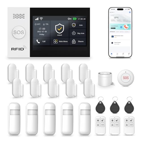 XNH 24-Piece Kit Wireless Home Security System –DIY 4G/WiFi with Touchscreen, App Control, Alexa & Google Assistant, No Monthly Fee, GSM SIM Card Ready, Motion Detector, Door Window Sensor for Home