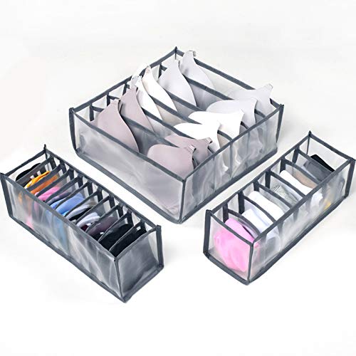 Kocuos Underwear Drawer Organizer,Foldable Closet Storage Boxes Drawer Organizer for Underware,Bra,Socks, Optional 6+7+11 Cell Or 3 Piece Set (Gray-3 Piece Set)