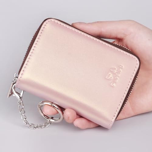 Image of FurArt Zipper Wallet Women, RFID Blocking Credit Card Wallet, Business Card Holder, Compact Size KeyChain Wallet, Pearl Pink, small, Classic