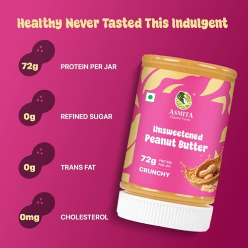 Image of Asmita Organic Farms Crunchy Peanut Butter Unsweetened 325g | Made with Roasted Peanuts | No Added Sugars or Salt | High Protein Spread | Cholesterol & Trans Fat Free | Healthy Breakfast Spread