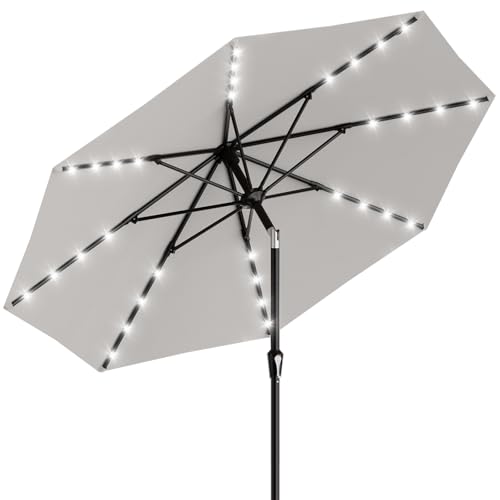 Image of AreShark 9FT Patio Umbrella with Solar Lights, 32 Lighted Pool Umbrella w /Tilt and Crank, Outdoor Market Solar Umbrellas for Garden, Deck, Backyard, Pool and Beach, Light Gray