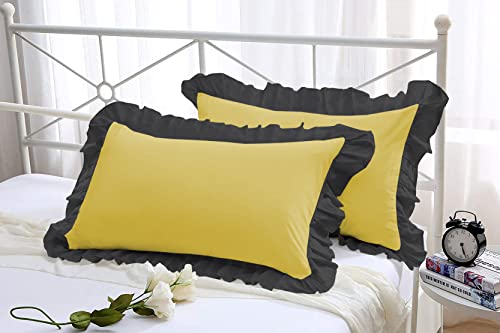 Image of YRM Bedding's Ruffle Beautiful Pillow Cover | Super Soft Elegant Premium Microfiber Frill Pillow Cover Set of 2 (16 inchx26 inch Inches) (Gold /Black)