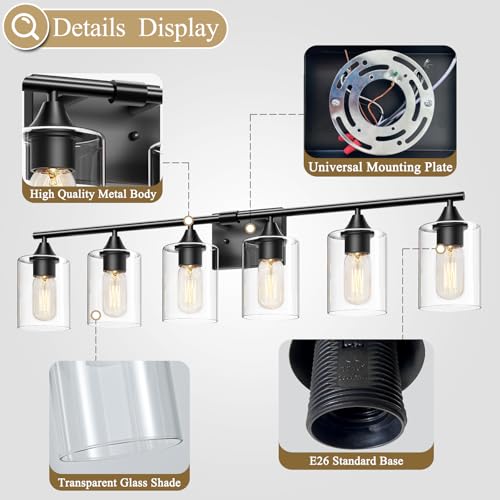 Image of 6-Light Matte Black Bathroom Light Fixtures, Over Mirror with Clear Glass Shade, Wall Light Sconce for Vanity Table, Hallway