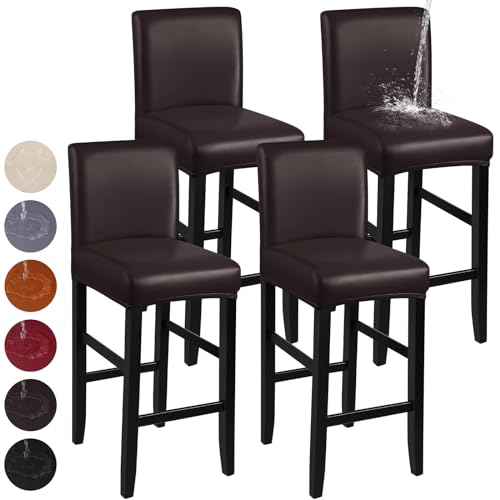 Image of YISUN Bar Stool Covers, Stretch Waterproof PU Bar Stool Slipcover Removable Washable Bar Stool Chair Covers, High Chair Cover with Elastic Bands (4 Pack, Coffee)