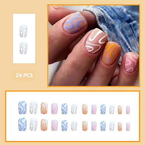 Press On Nails 24 Pcs Short Square Fake Nails Glue On Nails For Women Girls Teens With Glue Sticker And Nails File, Multicolor Line False Nails #TOP4