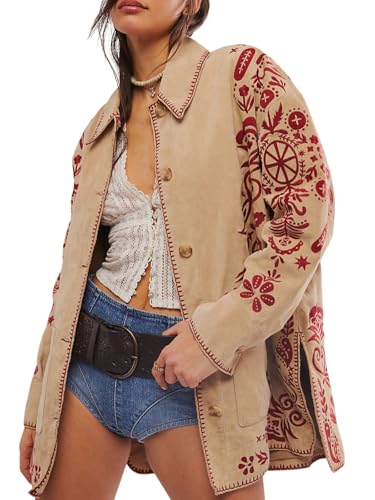 loveimgs Women Boho Retro Embroidered Jackets Lapel Button Up Shirt Faux Suede Jacket Y2k Outwear Coat Pocket Western Shacket