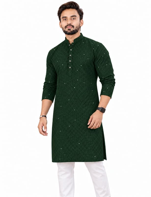 Image of Men's Lakhnawi Chikankari Kurta Set Cotton Ethnic Kurta Pajama for Men Wedding Festive Designer Indian Outfit Stylish Embroidered Kurta Set