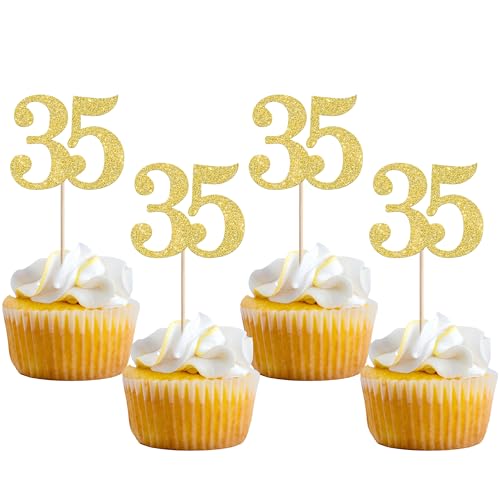 Rsstarxi 36 Pack Number 35 Cupcake Toppers Gold Glitter Cheers to 35 Years Birthday Cupcake Picks Decoration for Happy 35th Birthday Wedding Anniversary Party Cake Decorations