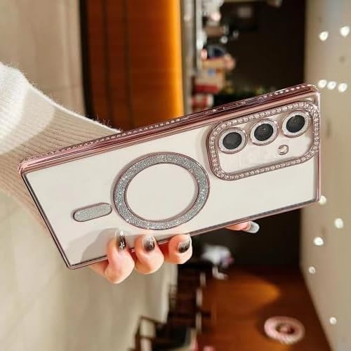Image of for Samsung Galaxy Glitter Case,Luxury Bling Rhinestone Diamond Plated Bumper Case,MagSafe, Sparkle Camera Lens Protection Clear Back Cover (Pink, for Samsung Galaxy S25 Plus 5G)