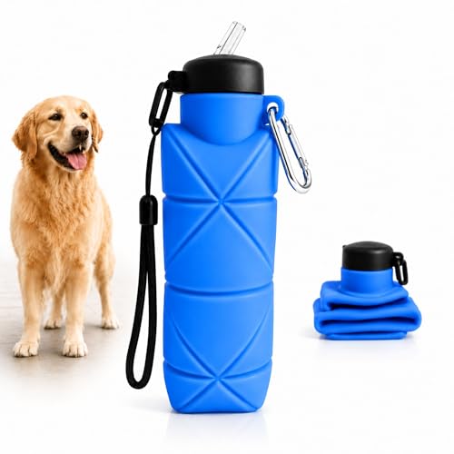 Botella Pipi Perros de 500ml, Sin Pérdidas y Plegable, Incluye Cuerda y Mosquetón para Llevar Colgada, Silicona Libre de BPA, Botella Limpia Pipi Perro, Botella Pipi Perros Calle (Azul 500ml)