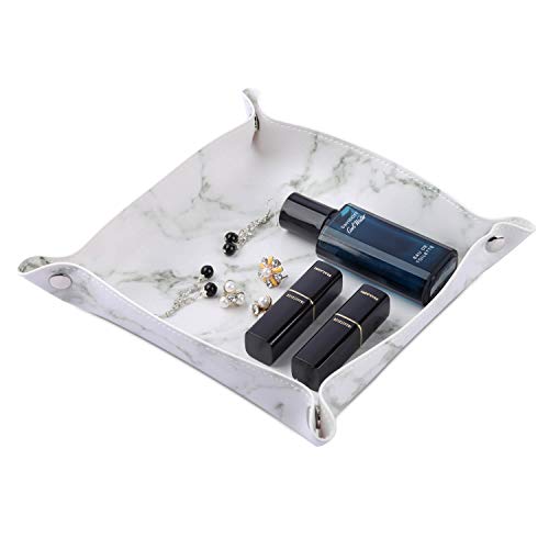 ELYTP Leather Valet Tray Organizer: Nightstand Desktop Dresser Jewelry Catchall Tray for Key Coin Change Phone Wallet Marbling Design (White)