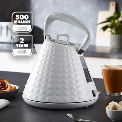 GEEPAS 1.5L Cordless Electric Kettle | Traditional Pyramid Kettle with 360° Rotational Base Strix Control Auto Shut Off & Boil Dry Sensor | Space Saving LED Indicator | 3000W Argyle White (Renewed)