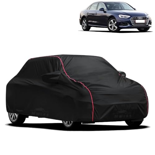 Image of Waterproof Car Cover for Audi A4 | All-Weather Protection, Dustproof & UV Resistant | Triple Stitched Mirror Pockets, Windproof Buckle Strap with Elastic Hem, Black-Red Piping