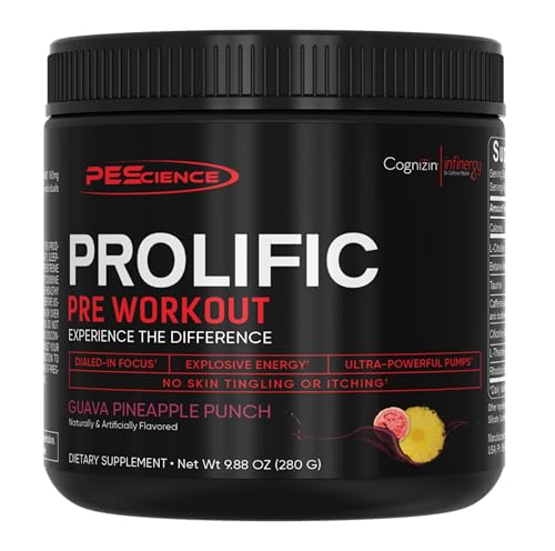 PEScience Prolific Pre Workout Powder for Men & Women with L-Citrulline Nitric Oxide Booster, Energy Powder & Nootropic for Focus – Preworkout Without Beta Alanine – 40 Scoops, Guava Pineapple Punch