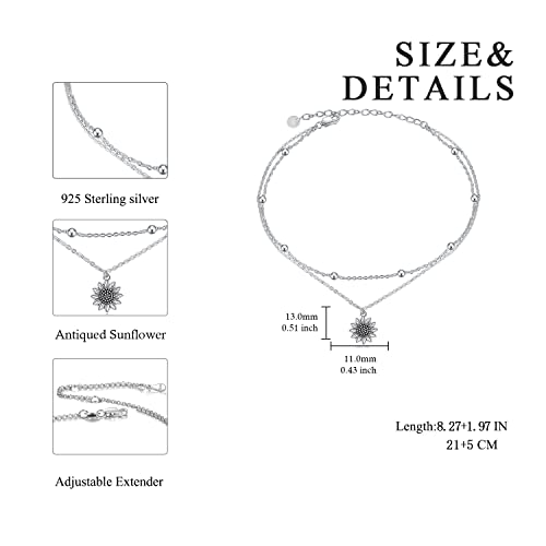 Image of POPLYKE 925 Sterling Silver Double Layered Chain Evil Eye Daisy Sunflower Butterfly Anklets for Women Holiday Beach Crystal Ankle Bracelet Dainty Evil Eye Jewelry