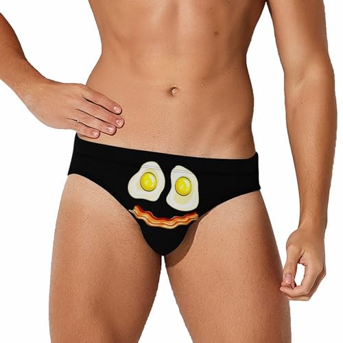 Fried Eggs Bacon Funny Smiling Face Funny Swim Briefs for Men Bikini Swimsuit Low Rise Short Surfing Briefs Swimwear