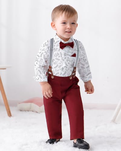 Soloyee Toddler Baby Boy Clothes Suit 12M-5T Boys Formal Dress Shirt+Bowtie+Suspender Pants Boy Gentleman Wedding Outfits Set Red thumb #2