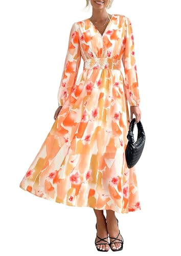 PRETTYGARDEN Women's Floral Midi Dress Casual Fall V Neck Long Sleeve Flowy Spring Beach Wedding Guest Vacation Dresses