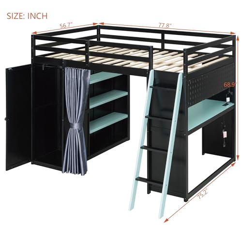 Image of Full Gaming Loft Bed with Wardrobe & Desk & Charging Station & RGB Light,Esports Wood Loft Bed Frame with Storage Shelves,Curtains and DIY Pegboard,Space Saving,No Box Spring Needed,Black Blue