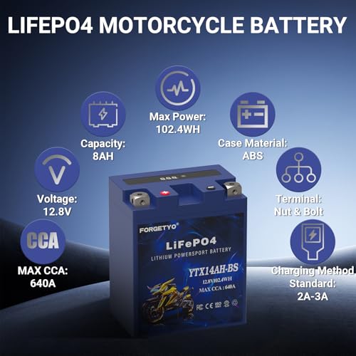 Image of Lithium Motorcycle Battery, Forgetyo YTX14AH-BS 12V 8AH 640A LiFePO4 Lithium Battery, ATV, UTV, Jet Ski Battery