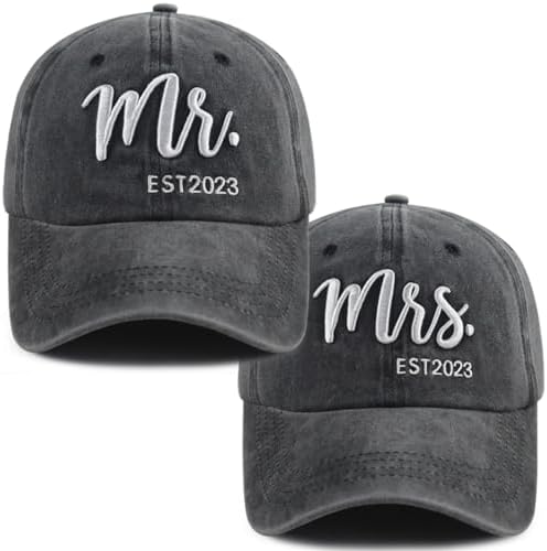 2PCS Mr and Mrs EST 2024 Hats for Men Women, Adjustable Washed Cotton 3D Embroidered Gifts Baseball Cap