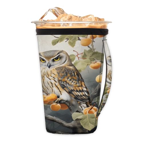 Fruit Tree Owls Reusable Neoprene Coffee Sleeve with Handle Insulated Iced Coffee Cup Holder Reduces Condensation Fits 24-28 oz Cups M