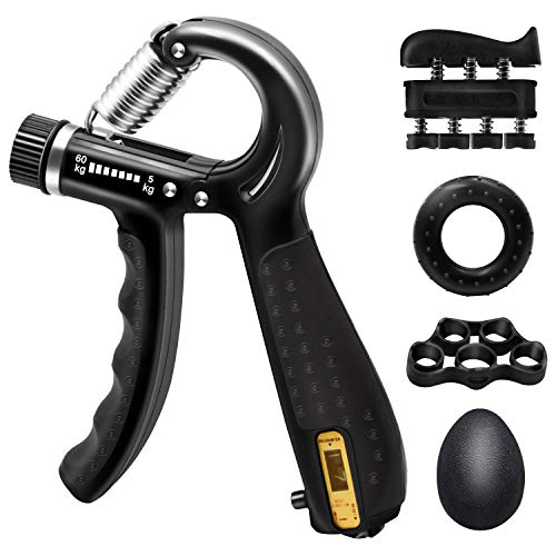 TRELC Hand Grip Strengthener Workout Kit 5 Pack, 11-132Lbs Adjustable Resistance Counting Forearm Hand Gripper, Finger Exerciser, Finger Stretcher, Stress Relief Grip Ball, Grip Ring with Carrying Bag