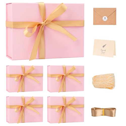 Image of LIFELUM Pink Gift Set of 5 Boxes 9.5 x 7 x 3.5 inch Collapsible Magnetic Boxes with Ribbon, Card, Shredded Filler for Father's Day, Bridal Proposal, Graduation, Wedding