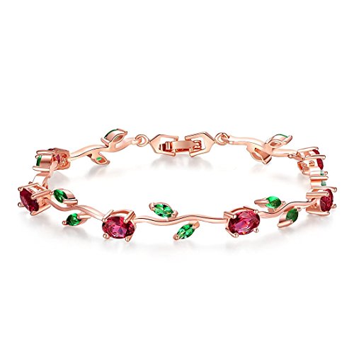 Chapado en Oro Rosa Pulsera Mujer Niña con Rojo Verde Circonita Brillante Joyería de Regalos para Cumpleaños