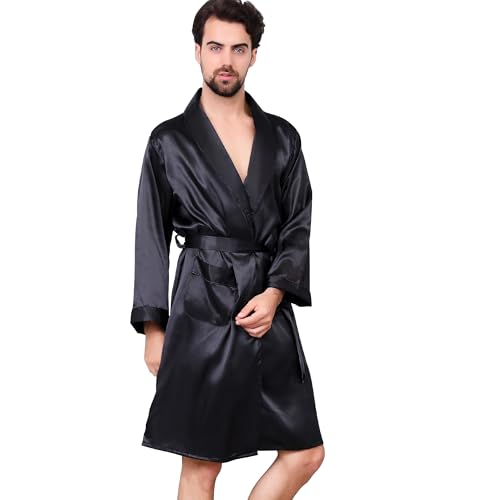Haseil Men's Satin Robe Dragon Luxurious Silk Spa Long Sleeve House Kimono Bathrobe, Black-01, X-Large
